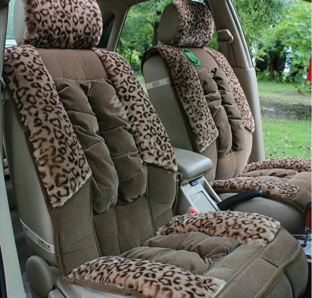 Car Seat Covers Cushion Winter Plush pads Leopard grain suede Eiderdown fabric - Brown