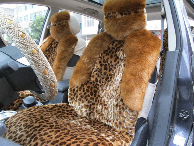 Winter Fleece Leopard Auto Seat Cushion Warm Plush Car Seat Covers - Brown