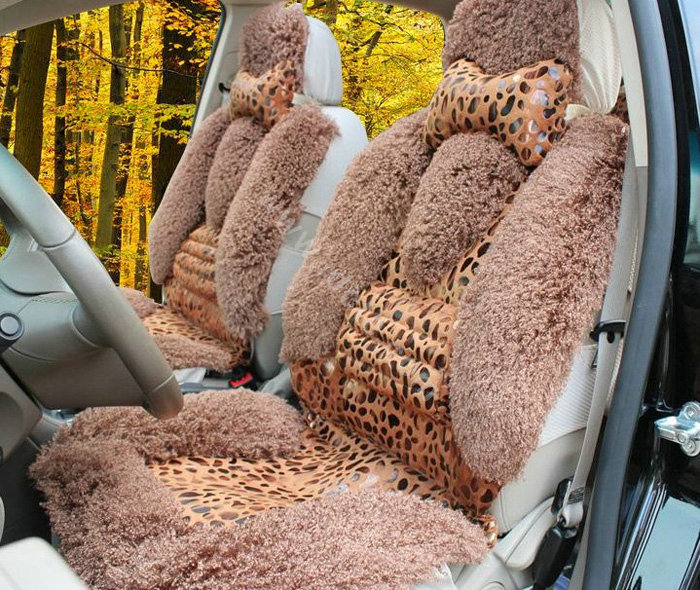 Winter Leopard grain Fleece Car Seat Cushion Warm Plush Auto Seat Covers - Coffee
