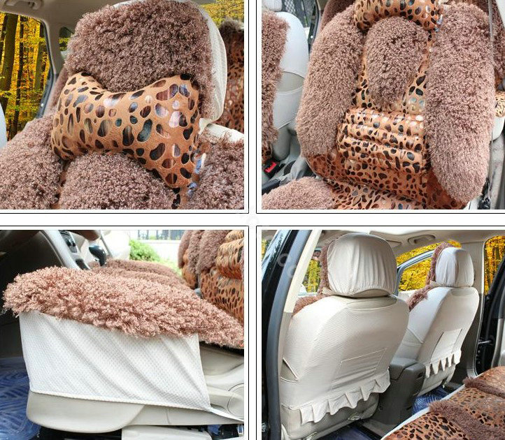 Winter Leopard grain Fleece Car Seat Cushion Warm Plush Auto Seat Covers - Coffee
