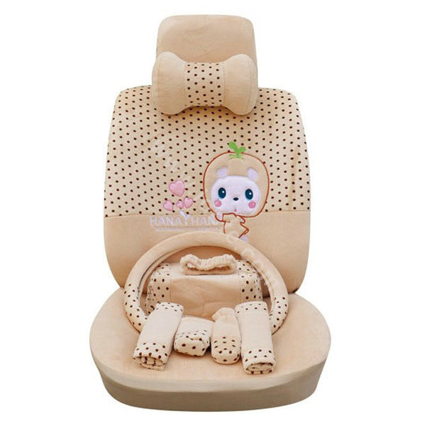 OULILAI Apple cat Car Front Rear Seat Covers Cartoon Plush Universal 19pcs - Beige