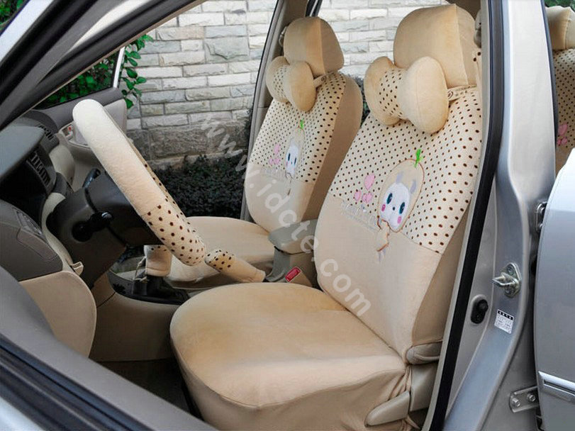 OULILAI Apple cat Car Front Rear Seat Covers Cartoon Plush Universal 19pcs - Beige