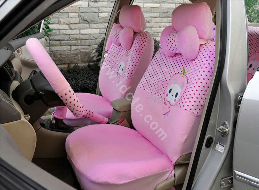 OULILAI Apple cat Car Front Rear Seat Covers Cartoon Plush Universal 19pcs - Pink
