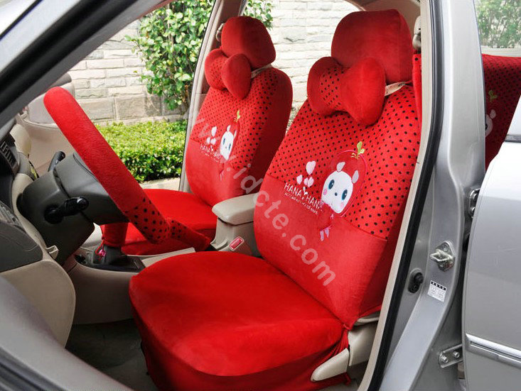 OULILAI Apple cat Car Front Rear Seat Covers Cartoon Plush Universal 19pcs - Red