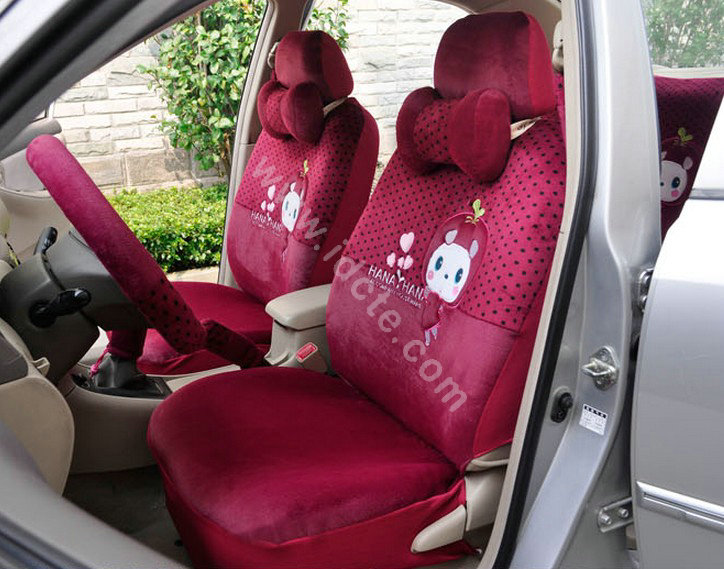 OULILAI Apple cat Car Front Rear Seat Covers Cartoon Plush Universal 19pcs - Rose