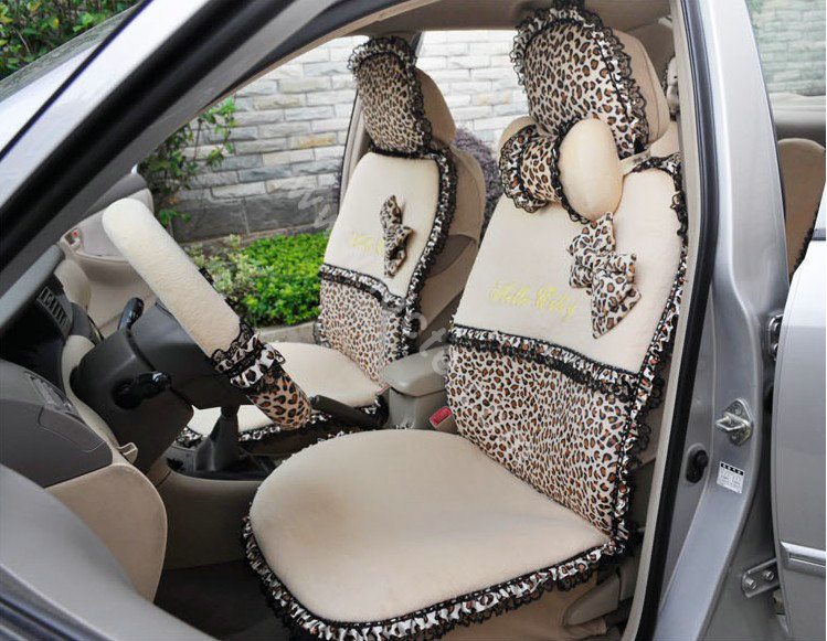OULILAI Leopard Lace Auto Car Front Rear Seat Cover Cushion 9pcs - Beige