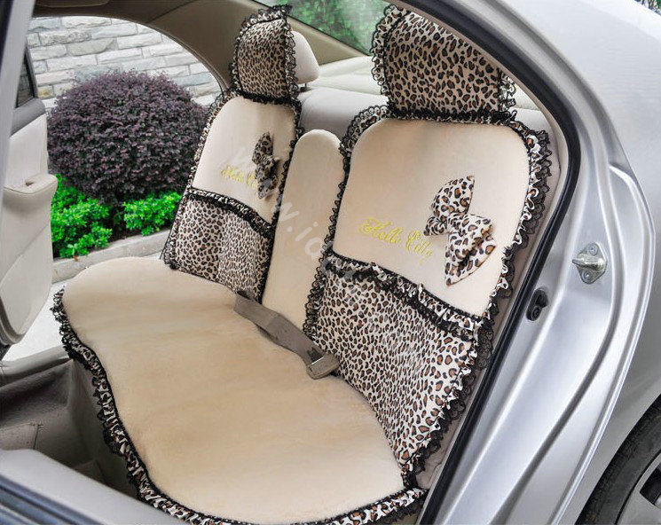 OULILAI Leopard Lace Auto Car Front Rear Seat Cover Cushion 9pcs - Beige