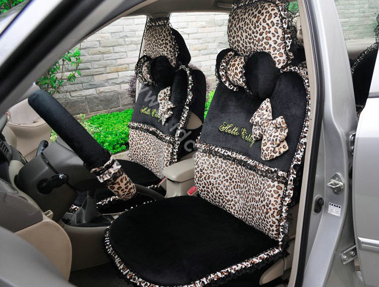 OULILAI Leopard Lace Auto Car Front Rear Seat Cover Cushion 9pcs - Black