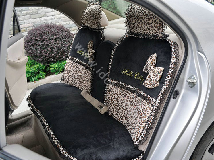 OULILAI Leopard Lace Auto Car Front Rear Seat Cover Cushion 9pcs - Black