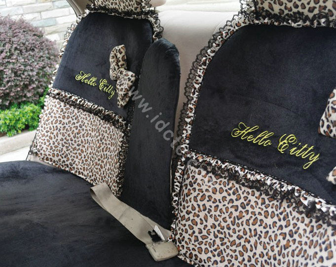 OULILAI Leopard Lace Auto Car Front Rear Seat Cover Cushion 9pcs - Black