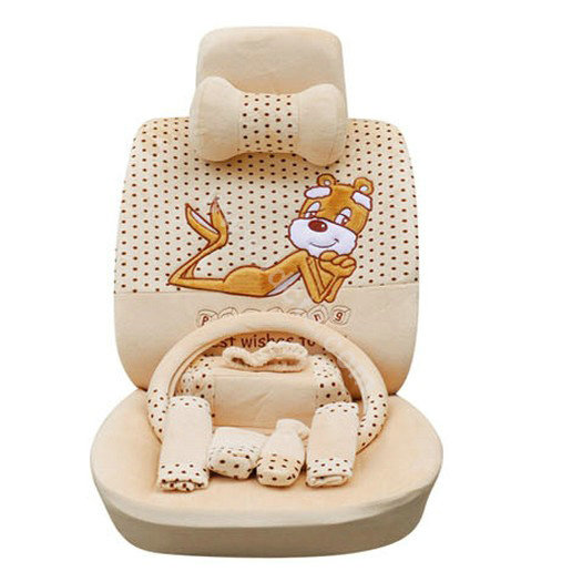 OULILAI Pudding dog Auto Car Front Rear Seat Covers Plush Universal 19pcs - Beige