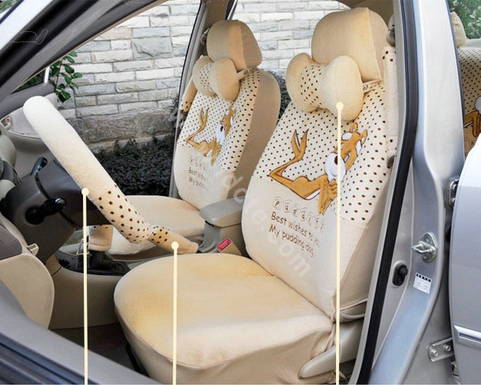 OULILAI Pudding dog Auto Car Front Rear Seat Covers Plush Universal 19pcs - Beige
