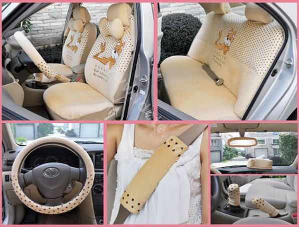 OULILAI Pudding dog Auto Car Front Rear Seat Covers Plush Universal 19pcs - Beige