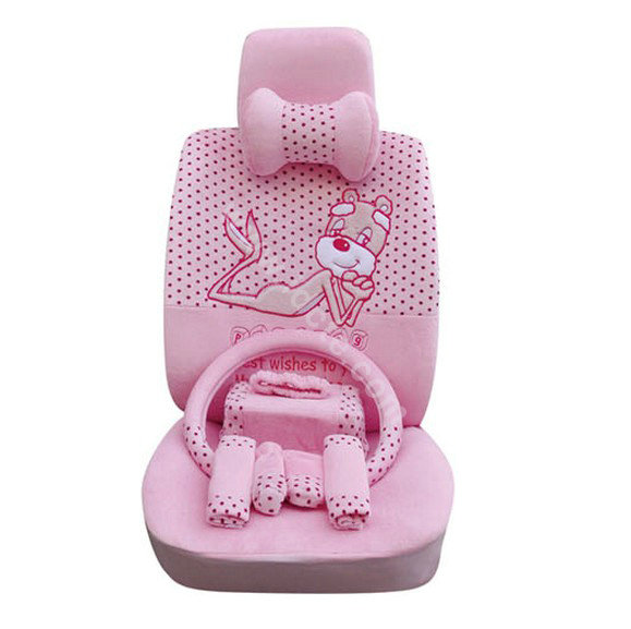 OULILAI Pudding dog Auto Car Front Rear Seat Covers Plush Universal 19pcs - Pink