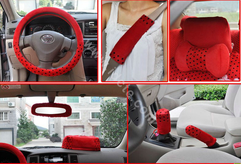 OULILAI Pudding dog Auto Car Front Rear Seat Covers Plush Universal 19pcs - Red