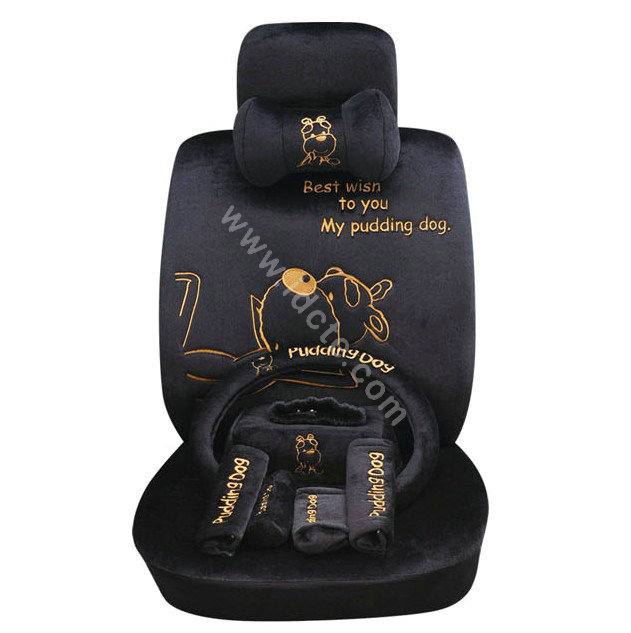 OULILAI Pudding dog Car Front Rear Seat Covers Plush Universal 19pcs - Black