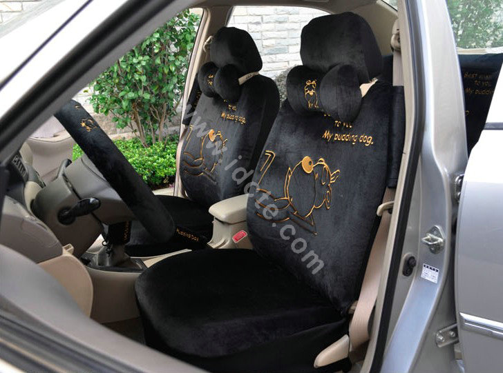 OULILAI Pudding dog Car Front Rear Seat Covers Plush Universal 19pcs - Black