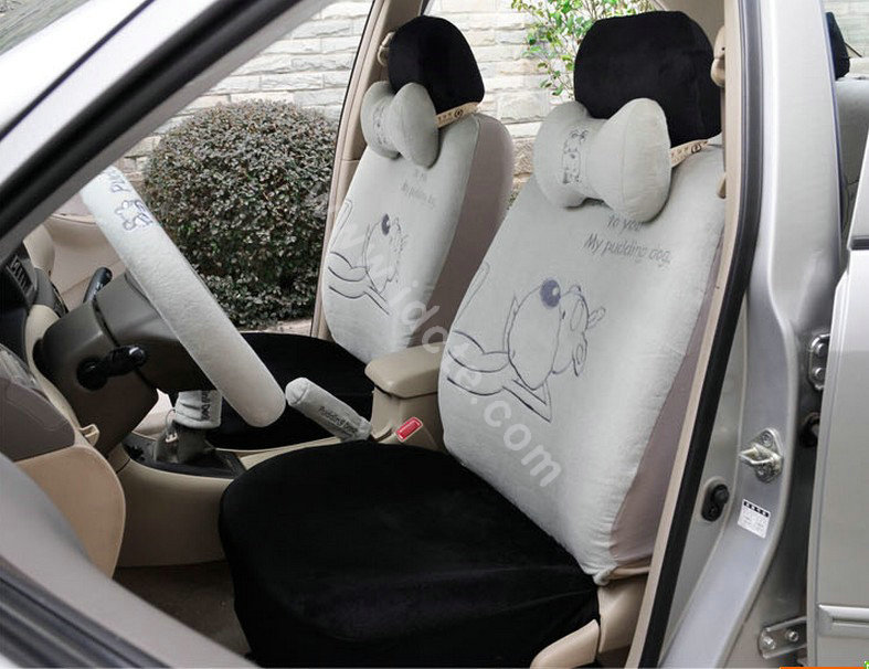 OULILAI Pudding dog Car Front Rear Seat Covers Plush Universal 19pcs - Gray