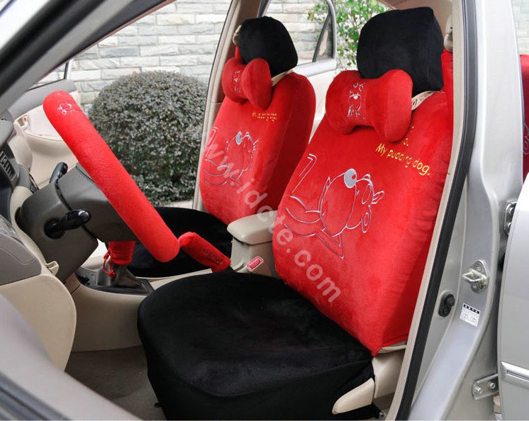 OULILAI Pudding dog Car Front Rear Seat Covers Plush Universal 19pcs - Red