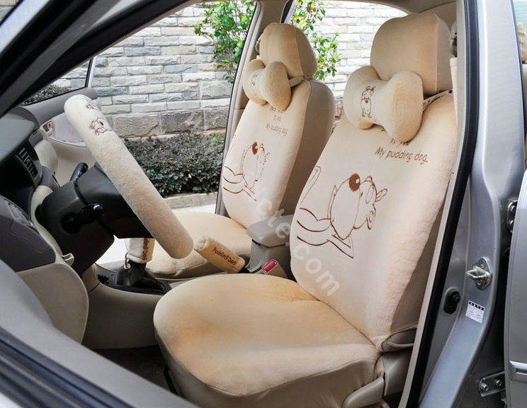OULILAI Pudding dog Car Front Rear Seat Covers Universal Plush 19pcs - Beige