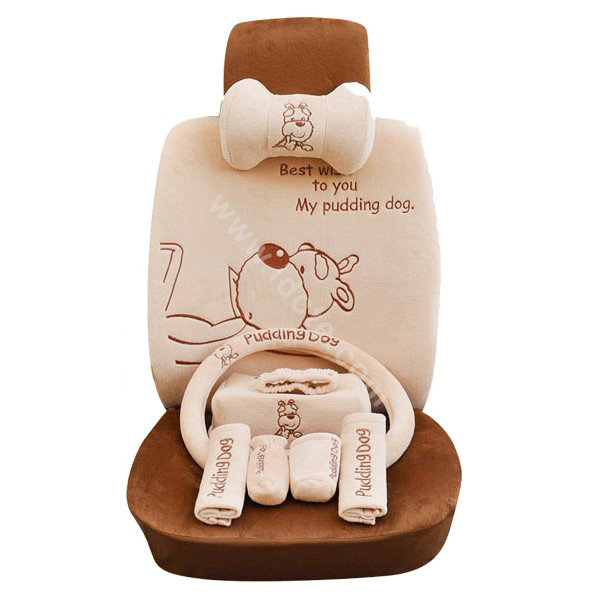 OULILAI Pudding dog Car Front Rear Seat Covers Universal Plush 19pcs - Brown