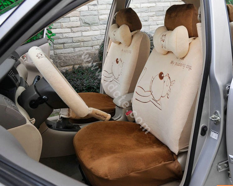 OULILAI Pudding dog Car Front Rear Seat Covers Universal Plush 19pcs - Brown