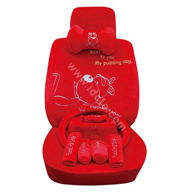 OULILAI Pudding dog Car Front Rear Seat Covers Universal Plush 19pcs - Red