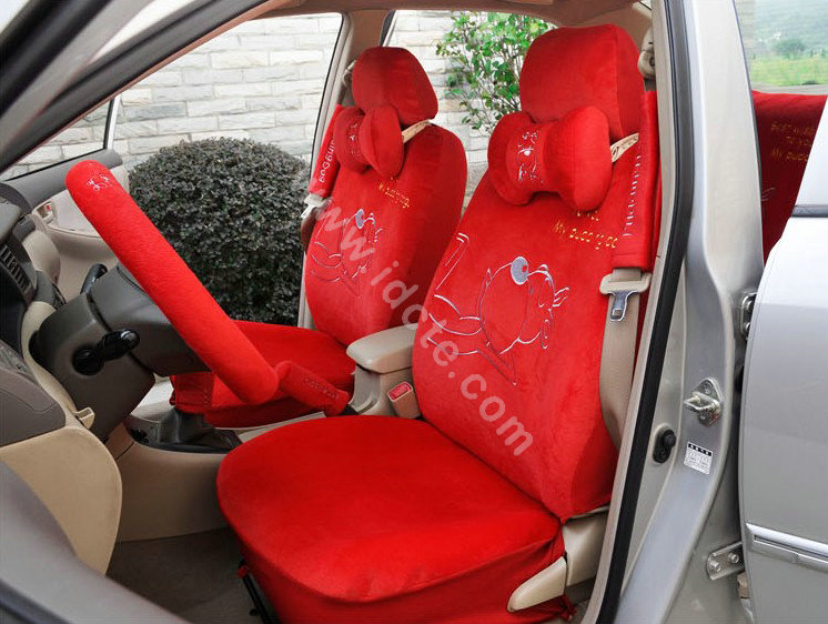 OULILAI Pudding dog Car Front Rear Seat Covers Universal Plush 19pcs - Red