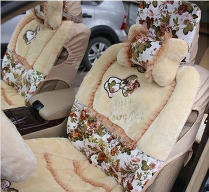 Bow Universal Auto Car Front Rear Seat Cover Cushion Set Plush 8pcs - Beige