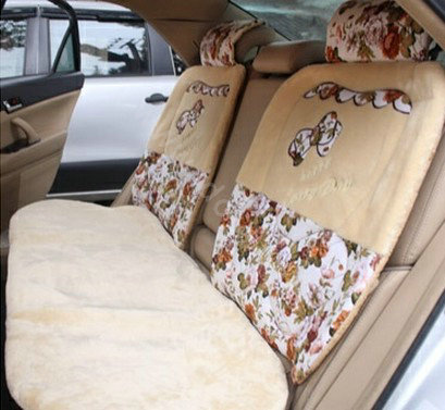 Bow Universal Auto Car Front Rear Seat Cover Cushion Set Plush 8pcs - Beige
