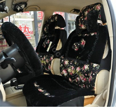 Bow Universal Auto Car Front Rear Seat Cover Cushion Set Plush 8pcs - Black