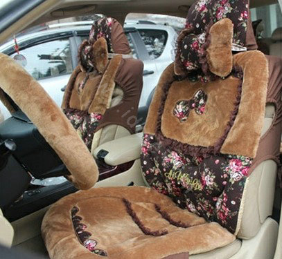 Bow Universal Auto Car Front Rear Seat Cover Cushion Set Plush 8pcs - Coffee