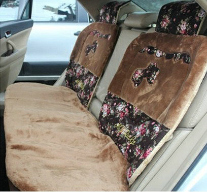 Bow Universal Auto Car Front Rear Seat Cover Cushion Set Plush 8pcs - Coffee