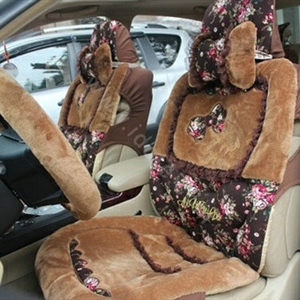 Bow Universal Auto Car Front Rear Seat Cover Cushion Set Plush 8pcs - Coffee