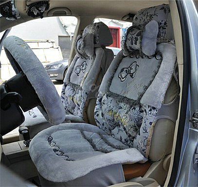 Bow Universal Auto Car Front Rear Seat Cover Cushion Set Plush 8pcs - Grey