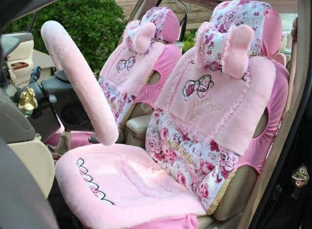 Bow Universal Auto Car Front Rear Seat Cover Cushion Set Plush 8pcs - Pink