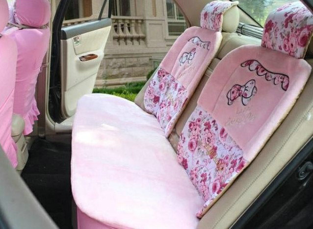 Bow Universal Auto Car Front Rear Seat Cover Cushion Set Plush 8pcs - Pink