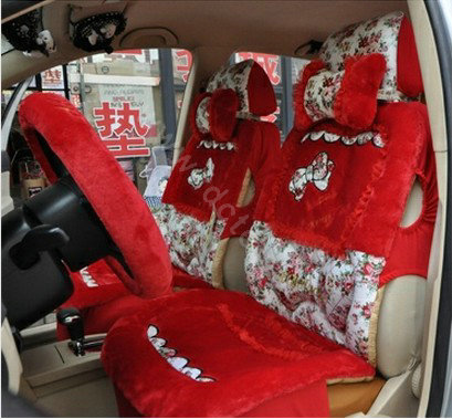 Bow Universal Auto Car Front Rear Seat Cover Cushion Set Plush 8pcs - Red