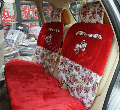 Bow Universal Auto Car Front Rear Seat Cover Cushion Set Plush 8pcs - Red