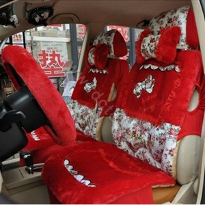 Bow Universal Auto Car Front Rear Seat Cover Cushion Set Plush 8pcs - Red