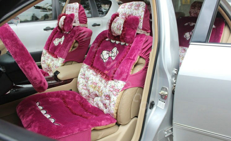 Bow Universal Auto Car Front Rear Seat Cover Cushion Set Plush 8pcs - Rose
