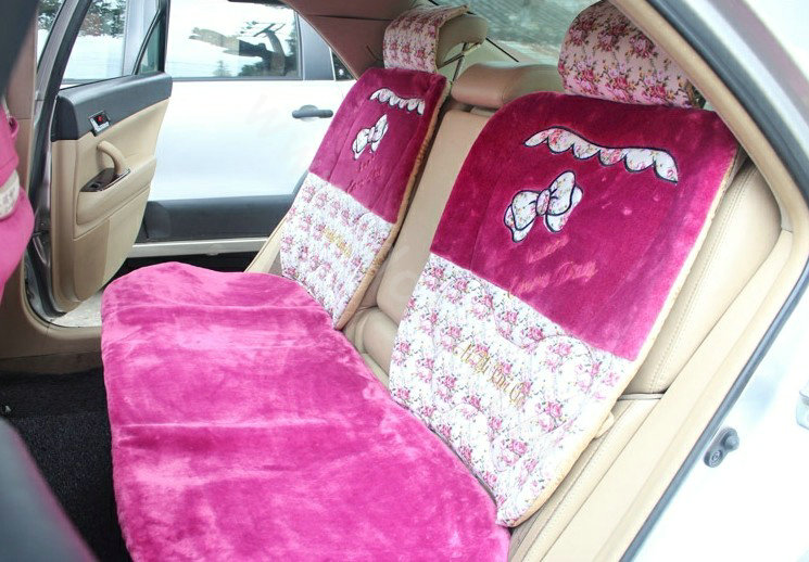 Bow Universal Auto Car Front Rear Seat Cover Cushion Set Plush 8pcs - Rose