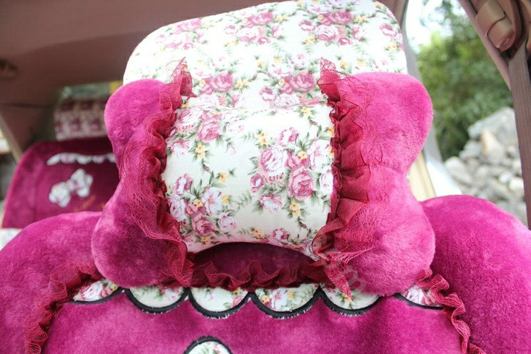 Bow Universal Auto Car Front Rear Seat Cover Cushion Set Plush 8pcs - Rose