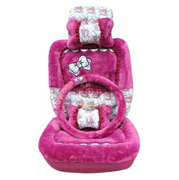 Bow Universal Auto Car Front Rear Seat Cover Cushion Set Plush 8pcs - Rose