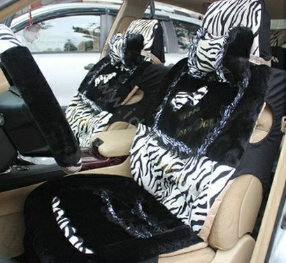 Zebra Bow Universal Auto Car Front Rear Seat Cover Cushion Set Plush 8pcs - Black