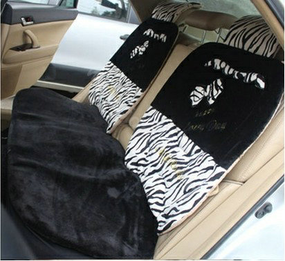 Zebra Bow Universal Auto Car Front Rear Seat Cover Cushion Set Plush 8pcs - Black