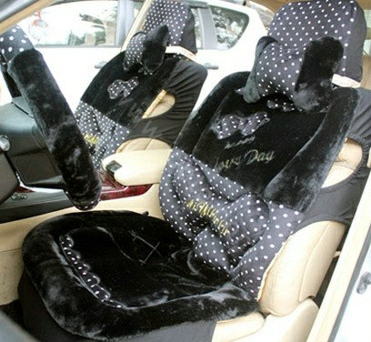 Polka Dot Bow Universal Auto Car Front Rear Seat Cover Cushion Set Plush 8pcs - Black