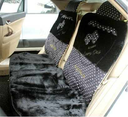 Polka Dot Bow Universal Auto Car Front Rear Seat Cover Cushion Set Plush 8pcs - Black