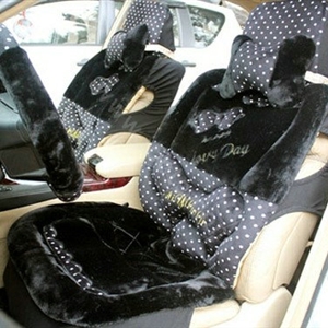 Polka Dot Bow Universal Auto Car Front Rear Seat Cover Cushion Set Plush 8pcs - Black