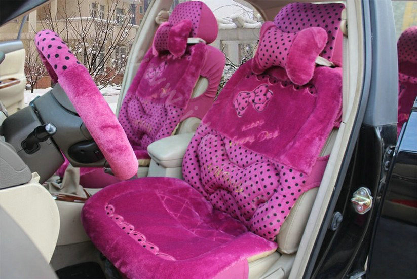 Polka Dot Bow Universal Auto Car Front Rear Seat Cover Cushion Set Plush 8pcs - Rose